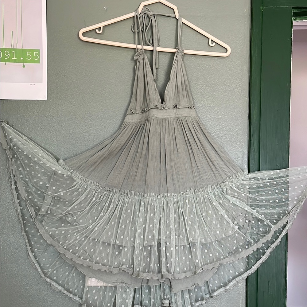 Elegant Gray Halter Dress with Polka Dots